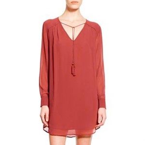 ASTR double layer chiffon long sleeve tunic dress with eyelet and tassel detail